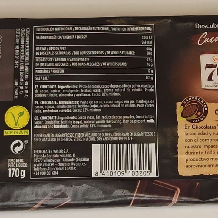 ▷ Chocolate Valor 82% | Comprar Online | Envío Gratis Europa