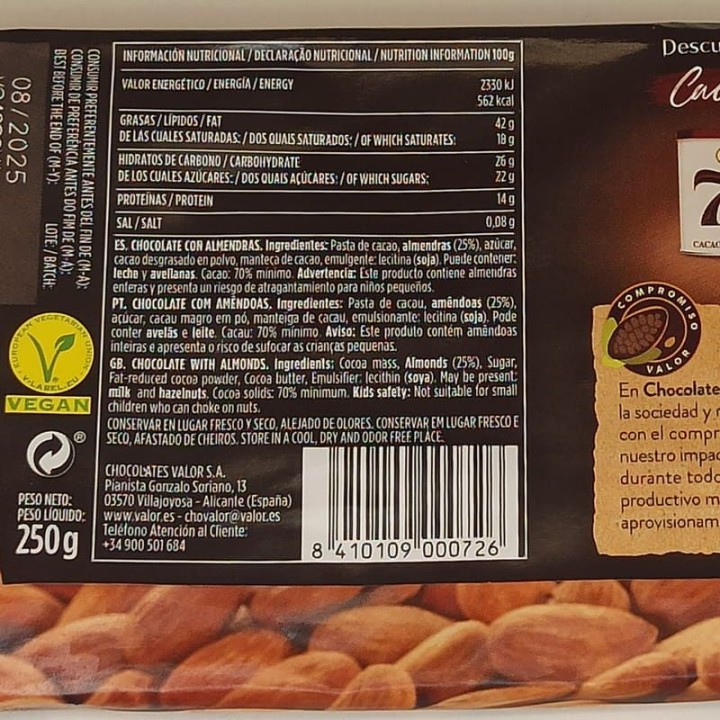 ▷ Dark Chocolate With Almonds 70% Valor | Buy Online